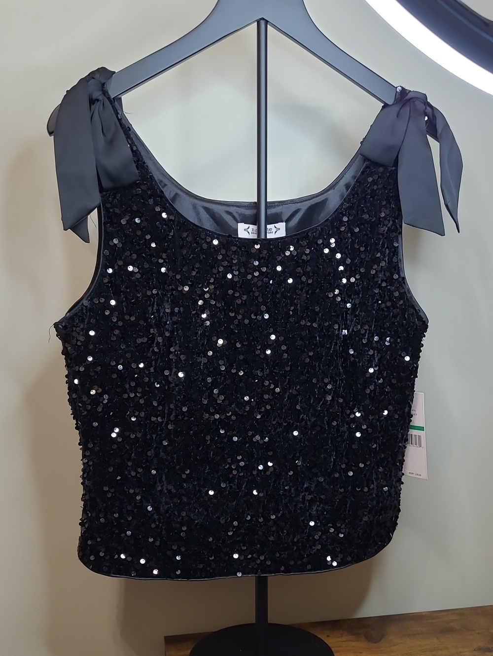 NWT Nanette Lepore Black Sequin Sleeveless Blouse with Bows on the Shoulders (L)